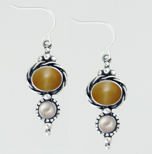 Sterling Silver Drop Dangle Earrings With Cat's Eye And Cultured Freshwater Pearl